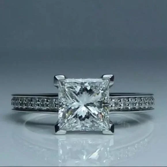 14K White Princess Square Engagement Ring - Picture 1 of 7